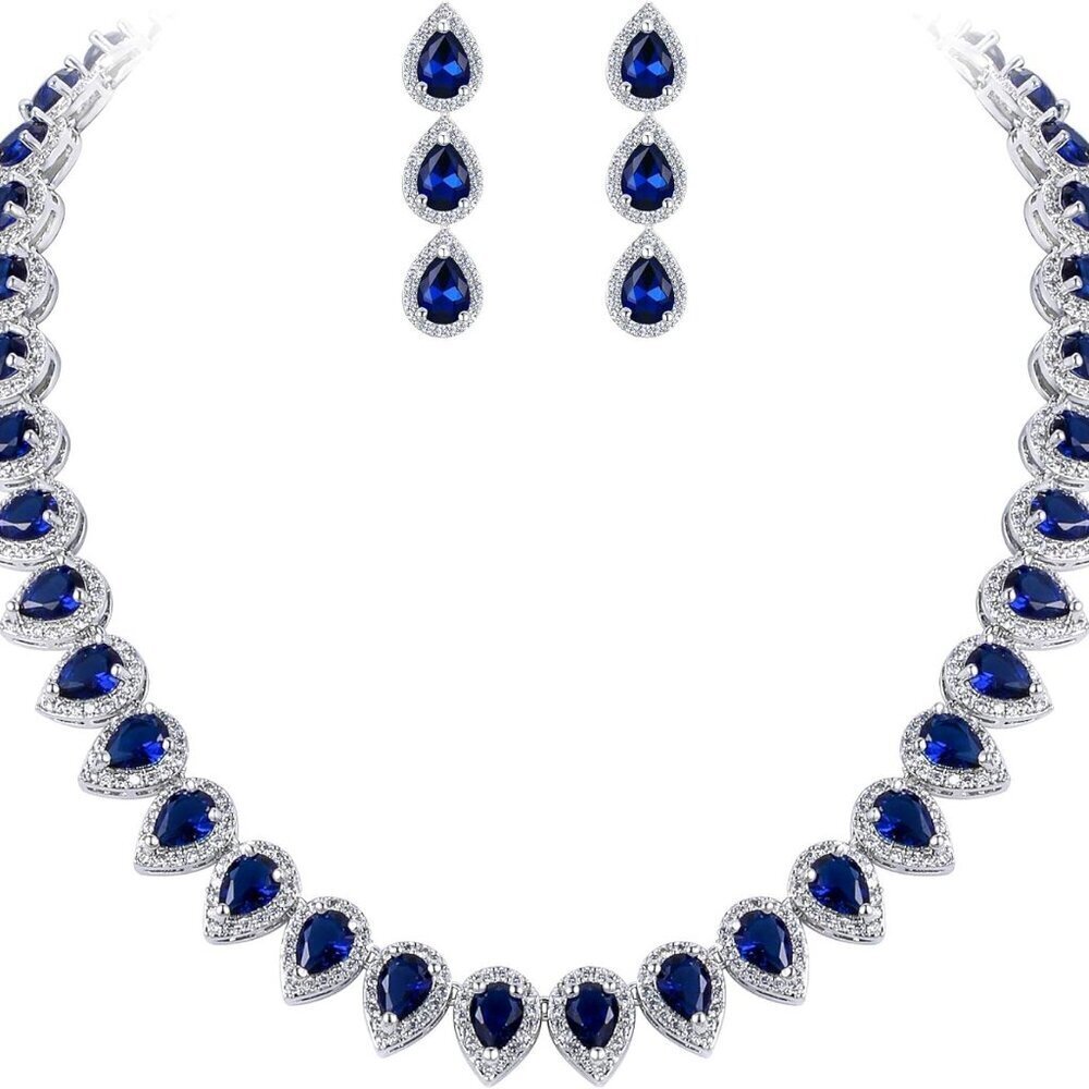 Women's Silver-Tone Cubic Zirconia Bridal Necklace Earrings Set 42cm